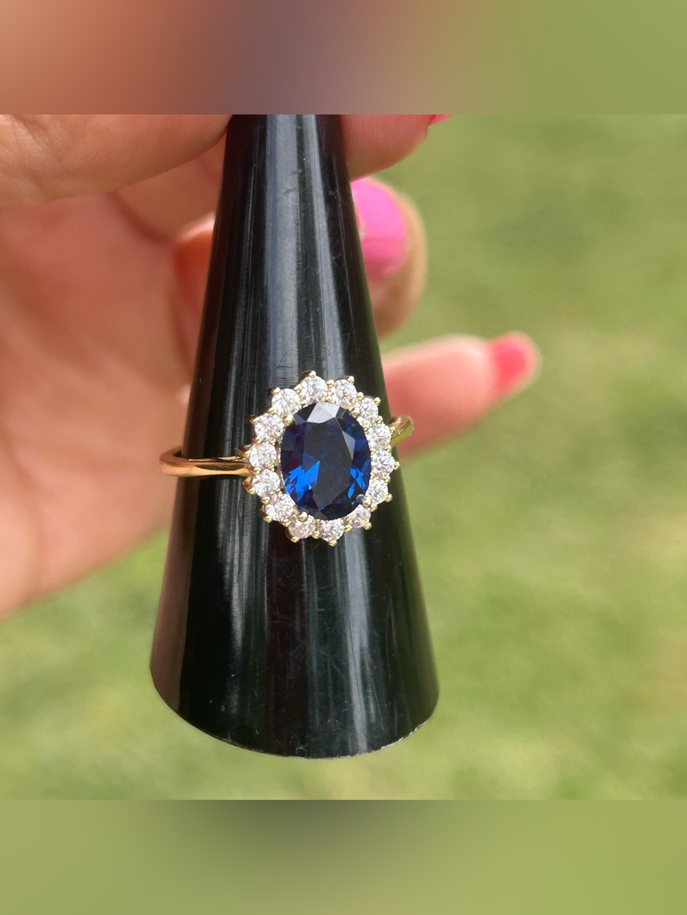 Gold Blue Sapphire CZ Halo Ring